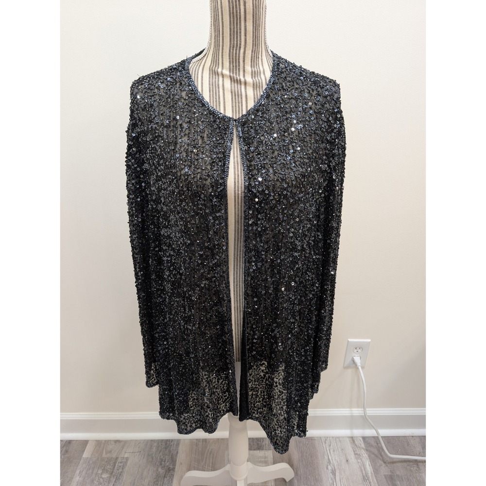 Vintage 90's SCALA Silk Black Beaded/Sequins Long Open Jacket/Cardigan Sz. 2X